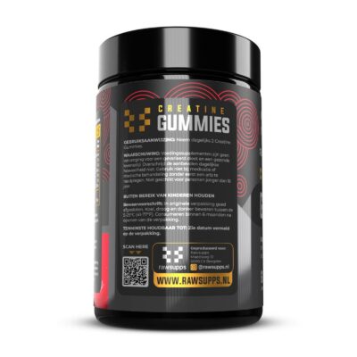 Creatine-gummies-L-side Pot met creatine gummies met etiket en informatie